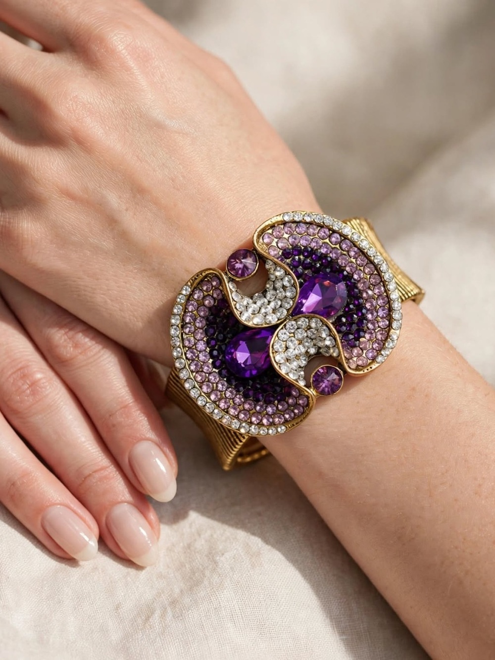 Gold-Tone Purple Crystal Statement Bracelet - Unbranded, stretchy